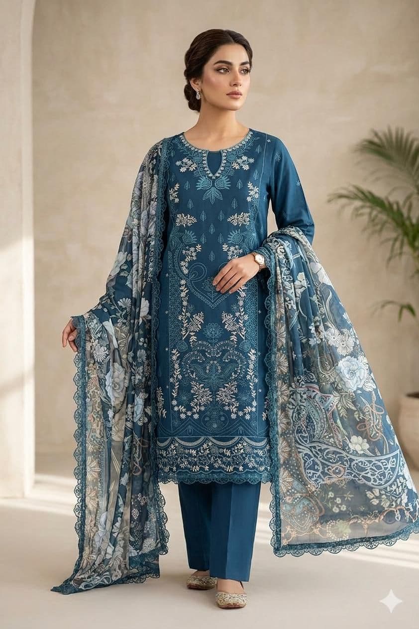 Unstitched Embroided 3 piece Suit image 1